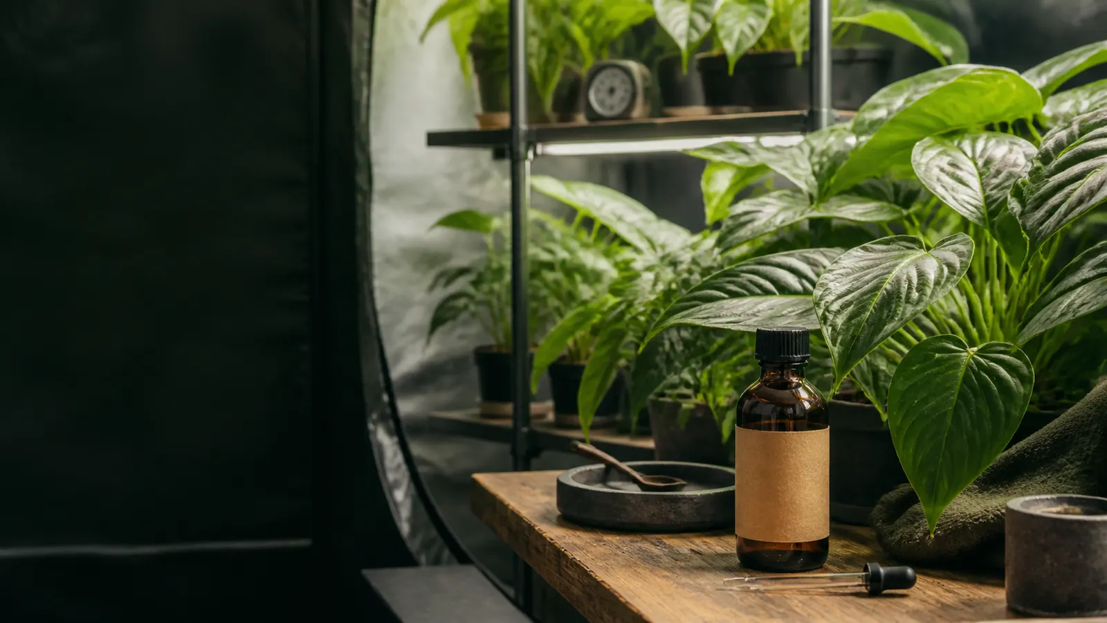 Espacio de cultivo interior con plantas y herramientas de medición